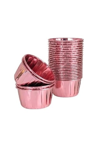 Hediye Sepeti 25'li Rose Parlak Pembe Muffin Kek Kalıbı, Kek Kapsülü Kalıbı, Airfryer Uyumlu Beyaz