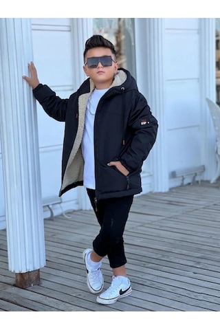Pina Kids Erkek Çocuk Çıkarılabilir Kapüşonlu Kürklü Oversize Kışlık Mont Km4050 Siyah