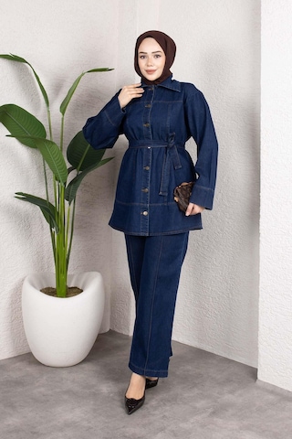 Misskayle Kuşaklı Düğmeli Denim Takım Rahat Kesim İkili Kombin Koyu Mavi Koyu