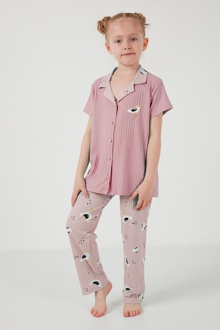 Lela Baskılı Beli Lastikli Gömlek Yaka Kısa Kollu Kız Çocuk Pijama Takımı 6576001 Pembe