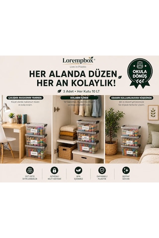 Lorempbox Çalışma Alanı Düzen Seti 3 Lü 10 Lt Şeffaf Saklama Kutusu