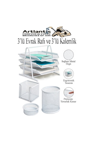 Beyaz Metal Evrak Rafı 3 Lü Ve Masaüstü Kalemlik 3 Lü 1 Paket Masaüstü A4 Dosya 3 Katlı Düzenleyici Kağıt Tepsisi Beyaz