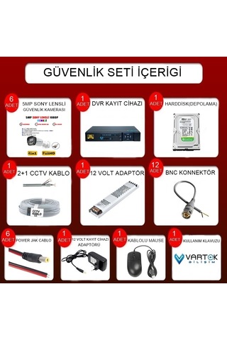 6 Kameralı Full HD Güvenlik Kamera Seti 320GB HDD 5MP Gece (Renkli) Görüşlü - Sabit IP Gerektirmez
