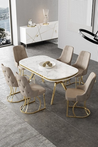 Canisa Epal Serisi 90x168 Lak Panel Beyaz Mermer Desen Masa Takımı Gold Ayaklı 6 Cappucino Sandalye Beyaz Mermer Desen Masa Sandalyeler Cappucino