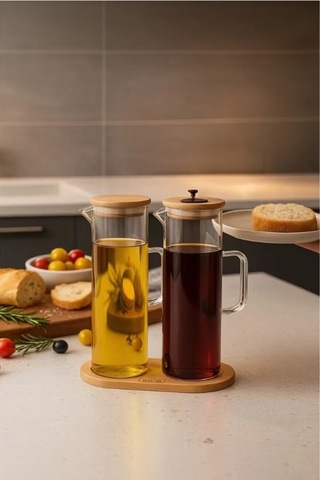 Fıre Kıng Panda Bambu Altlıklı 2 Li Cam Yağlık & Sirkelik Seti 400 Ml Şeffaf