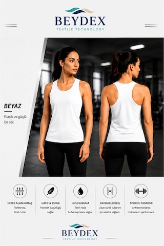 Beydex Bisiklet Yaka Sıfır Kollu Standart Kalıp Kadın Spor Atlet Beyaz