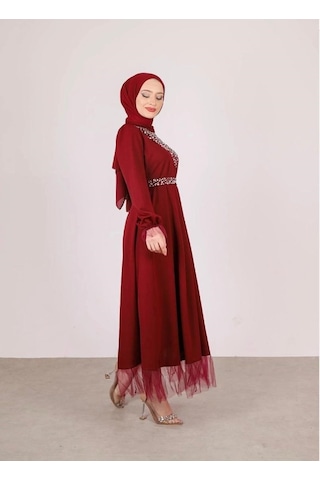 Lovie Moda Kadın V Taşlı Özel Gün Elbisesi Kırmızı