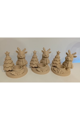 Yılbaşı Temalı Geyik Ve Çam Ağacı Temalı Dekoratif Mumluk 4'lü Set Bej