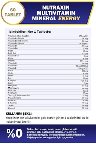 Nutraxin Multivitamin Mineral Energy 60 Tablet 2 Adet