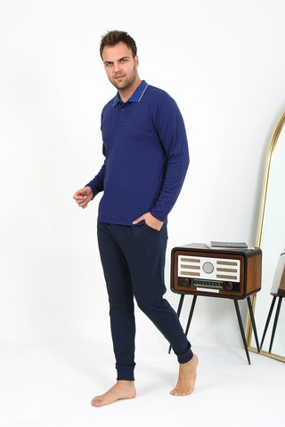 Akbeniz Erkek Polo Yaka Uzun Kol Penye Pijama Takımı Lacivert 6865 Lacivert