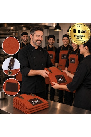 Logonuza Özel 5 Adet İstanbul Önlük Turuncu Renk Su İticili Kumaş - Vegan Deri Detaylı Profesyonel Önlük