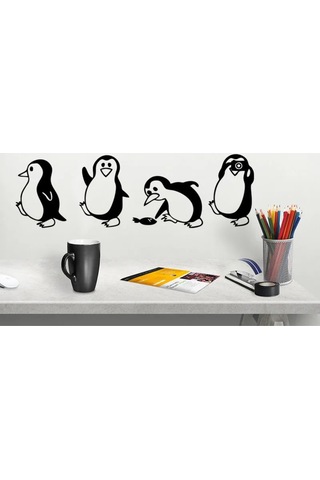 Penguen Dekoratif Duvar, Kapı, Merdiven Süsü Sticker Etiket 4'lü Siyah
