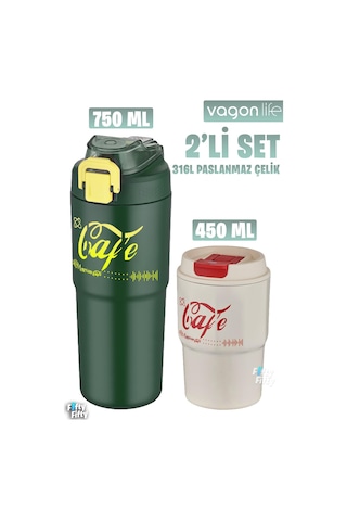 Vagonlife 2'li Çelik Termos-kahve Bardağı Seti 750ml Çift Kullanım Termos//450ml Mug Kahve Bardağı Yeşil - Beyaz