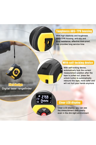 Reedark Usb Şarjlı 2 Si 1 Arada Lazerli Mesafe Ölçer Ve Şerit Metre, Alan Ve Hacim Hesaplama, Tarihsel Veri Hafızası, Geniş Kullanım Alanı.