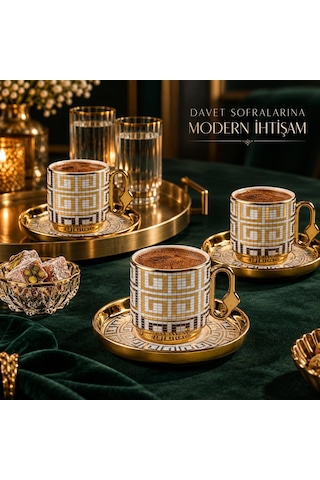 Valkyrie 12 Parça 6 Kişilik 80 Ml Geometrik Desenli Türk Kahvesi Fincan Takımı Gold K651-c