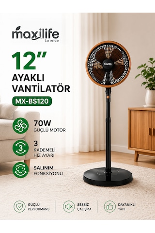 Breeze Mx-bs120 12 İnç Ayaklı Vantilatör 70w 3 Kademeli Sessiz Salınım Fonksiyonlu Vantilatör
