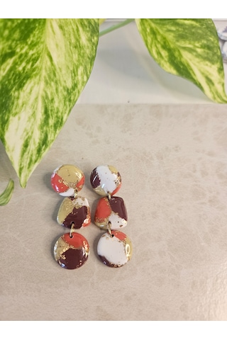El Yapımı Polimer Kil Küpe - 14k Altın Kaplama Çelik Detaylı & Altın Varaklı 3'lü Katmanlı Sallantılı Küpe Aura Cascade Rose Gold