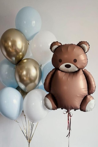 Beysüs Ayıcık Folyo Balon Seti Mavi Beyaz Ve Gold Krom Balon 10 Lu Standart