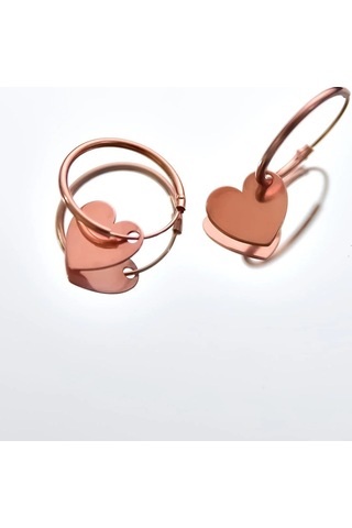 925 Ayar Gümüş Rose Kaplama Plaka Kalp Figürlü Halka Küpe