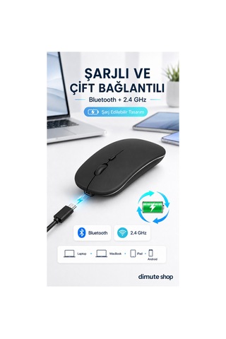 Şarjlı Bluetooth + 2.4ghz Kablosuz Mouse Laptop, Mac, Apple iPad Uyumlu Ve Android Tablet İçin Siyah - 744542242 Diğer