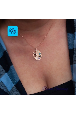 Rose Renkli Taşlı Resim Paleti Kolye Rose - Gold - Gümüş