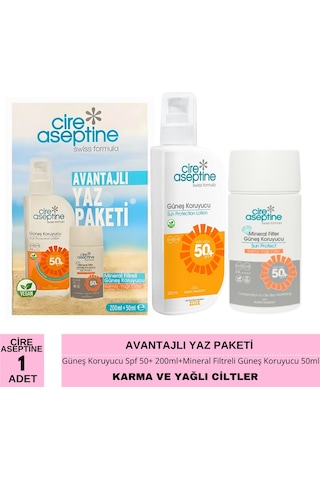 Cire Aseptine Avantajlı Yaz Paketi Güneş Koruyucu Spf 50+ 200ml İle Mineral Filtreli Güneş Koruyucu Karma Ve Yağlı Ciltler Spf 50+ 50ml
