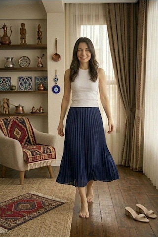 Wear Vexel Kadın 90 Cm Saten Kumaş Pliseli Midi Etek Şık Ve Zarif Tasarım - Lacivert Çok Renkli