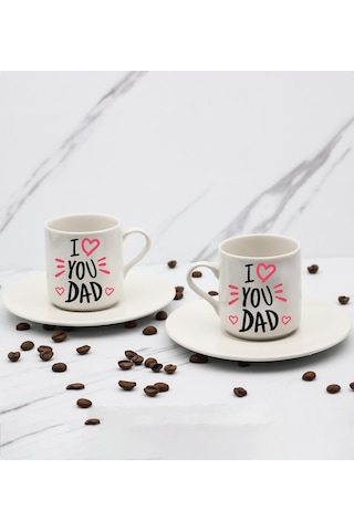 I Love You Dad Baskılı 2'li Türk Kahve Fincanı & Metal Mum Hediye Seti Babalar Gününe Özel Hediye B2
