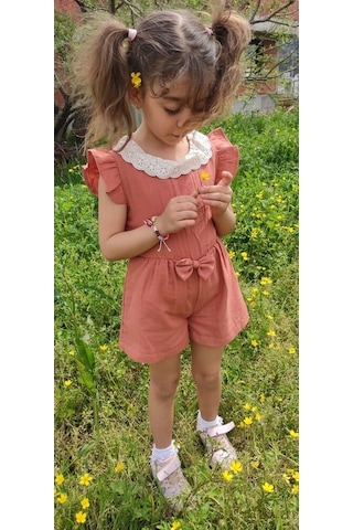 Novy Baby Müslin Kumaş Dantel Yaka Fiyonklu Kız Çocuk Tulum - 2-5 Yaş