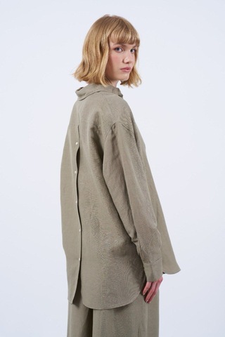 Kadın Keten Gömlek Pantolon Takım Yağ Yeşili