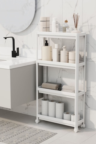 Mithra Life 4 Katlı Tekerlekli Slim İnce Beyaz Banyo Mutfak Rafı Mıt1200