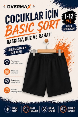 Overmax Siyah Çocuk Şort 1-12 Yaş Kız Erkek Baskısız Düz Basic Lastikli Bel Günlük Spor Şort Siyah - 903017719 Siyah