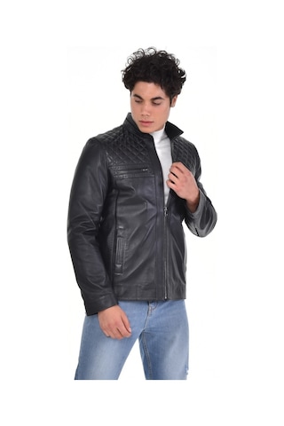 Hakiki Deri Siyah Erkek Deri Mont Omuzdan Baklava Desenli Dört Cepli Deri Ceket Siyah