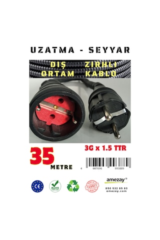 35 Metre Dış Ortam Spiral Zırhlı Uzatma Kablosu - G3x1.5 Kablo Kesiti 35 Metre