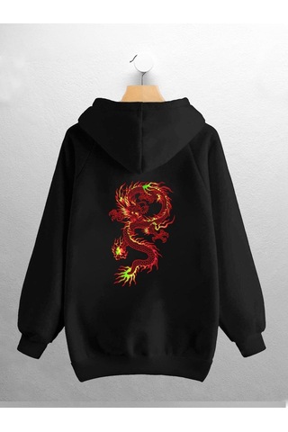 Macklin Unisex Kadın Erkek Kırmızı Ejder Baskılı Sweatshirt Siyah Mck0776 Siyah