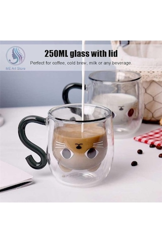 Createtech Çift Duvar Cam Kedi Şekli Bardağ Kaşık Fincan Seti Şeffaf, Kapaklı, Ev Ofis Şeffaf