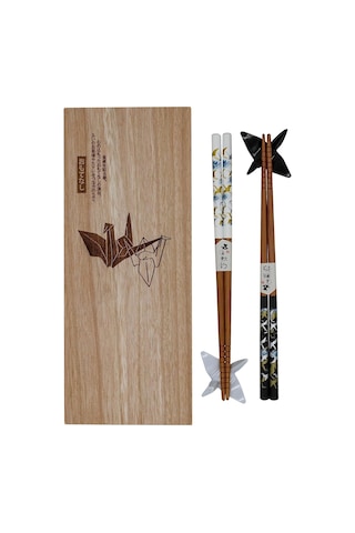 Home London Breeze Origami Temalı Sushi Yemek Çubuğu Seti, 2 Çift, Altlıklı, Ahşap Kutuda Çatallar Kahverengi