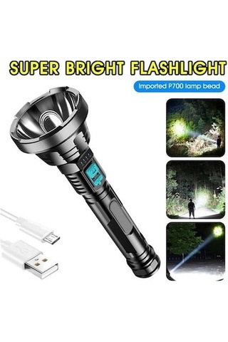 Geeksen P700 Led Işık Kaynağı Usb Şarjlı Fener, Ipx6 Su Geçirmez, 3 Seviye Parlaklık, 99 Saat Pil Ömrü, Akıllı Pil Göstergesi, Siyah Siyah