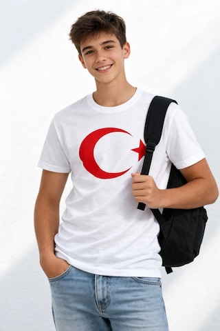 Wear Vexel Erkek Çocuk Tişört Bisiklet Yaka Ay Yıldız Bayrak Baskılı T-shirt - Beyaz Çok Renkli