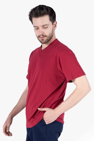 T-shirt V Yaka %100 Pamuk Bordo