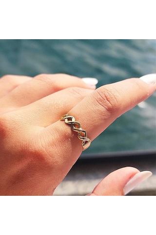 Örgü Altın Yüzük - 14 Ayar Altın Örgü Taşsız Minimal Yarım Tur Kadın Yüzük - Eşe Sevgiliye Yüzük Sarı Altın