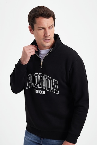 Tudors Erkek Relax Fit Rahat Kesim Pamuklu Yarım Fermuarlı Baskılı Siyah Sweatshirt-42315 Sİyah