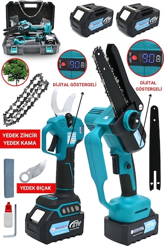 Dijital Göstergeli Plus Makas Testere Seti Kömürsüz Çift Pala Çift Zincir Yedek Bıçaklı 10 Pilli