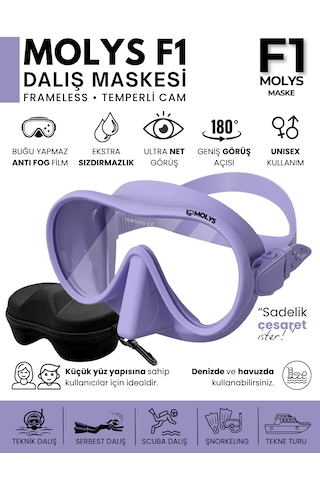 Molys F1 Pro Dalış Maskesi + Antı Fog Buğu Önleyici Film + Dalış Maskesi Kutusu Küçük Yüz Yapısı İçin İdeal Lila