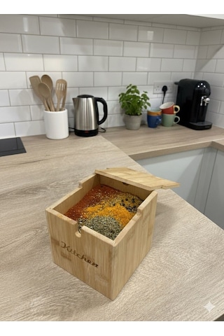 Qerhome Bmabu Kapaklı Ve Kaşıklı Şekerlik - Tuzluk - Baharatlık Veya Baharat Kabı 12 Cm 12 Cm Ahşap