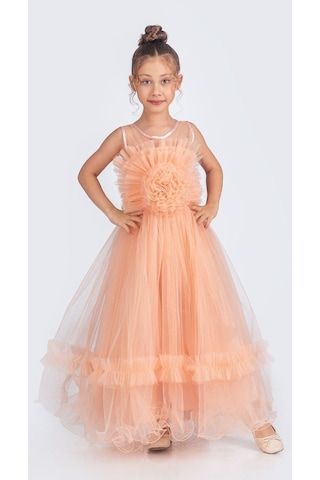 Mnk Baby & Kids Uzun Etekli , Askılı Kız Cocuk Gül Motif Abiye Elbise M00670 Somon