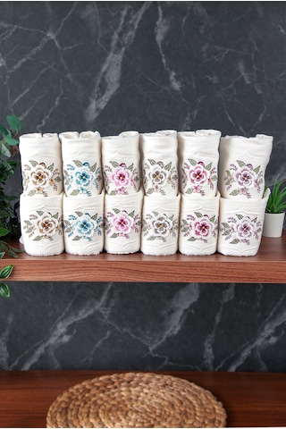 %100 Pamuklu 3d Çiçek İşlemeli 12 Li Analı Kızlı Çeyizlik Havlu Seti 50x90 Cm - 00030 Beyaz