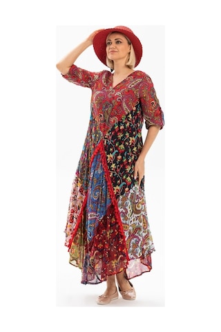 Eliş Şile Bezi Uzun Kol Vual Patchwork Uzun Elbise Kırmızı