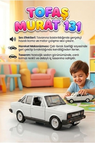 Nostaljik Tofaş Murat 131 Oyuncak Araba Işıklı, Çek-bırak Mekanizmalı Oyuncak Araba