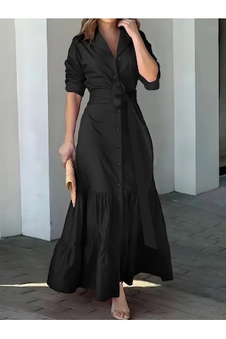 Alyn Wear Kadın Uzun Kollu Eteği Fırfırlı Beli Kuşaklı Trikoton Tam Boy Gömlek Elbise Siyah